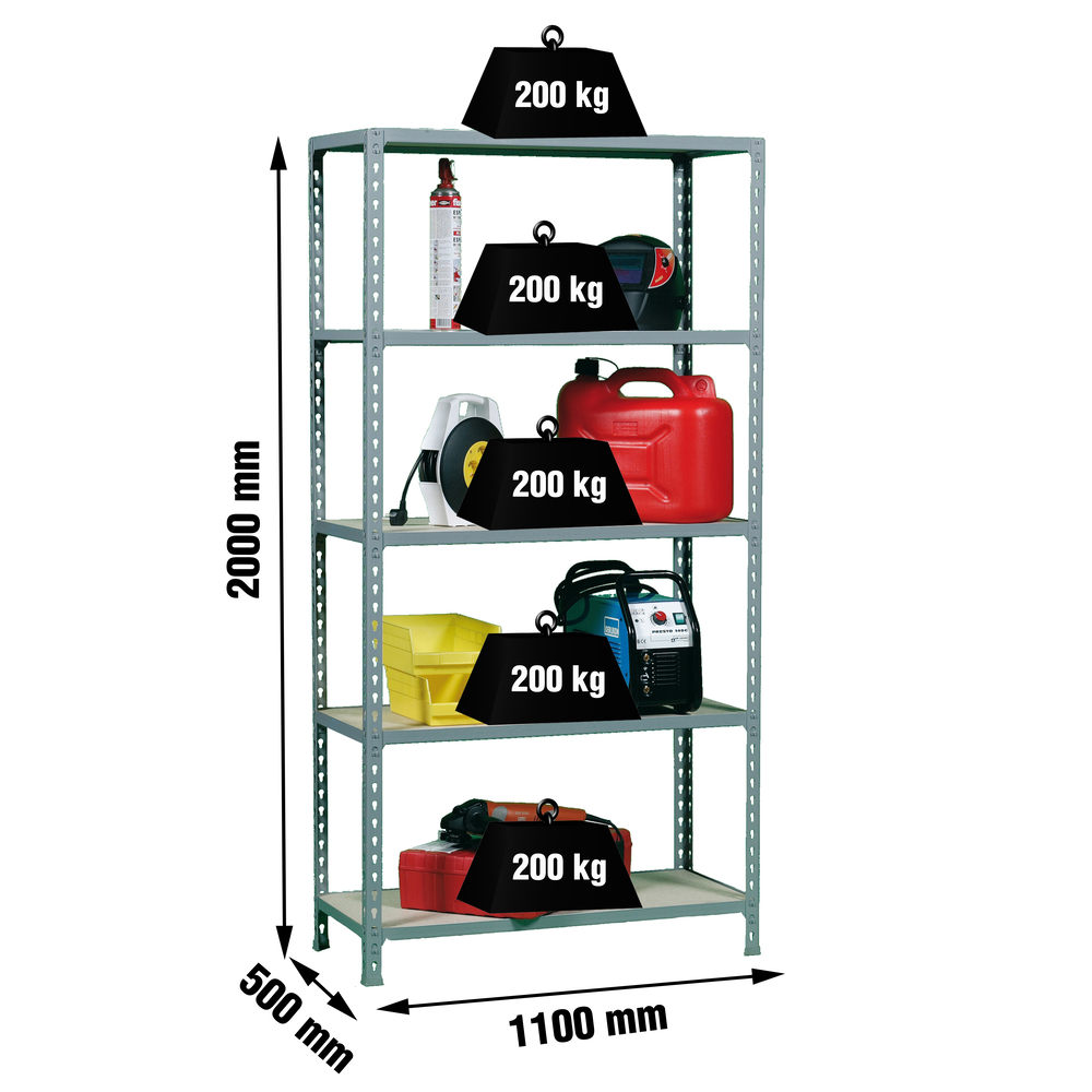 Rayonnage bois-métal léger sans vis 2000x1100x500 - 5 niveaux Gris/Bois - SIMON RACK - 8435104937358