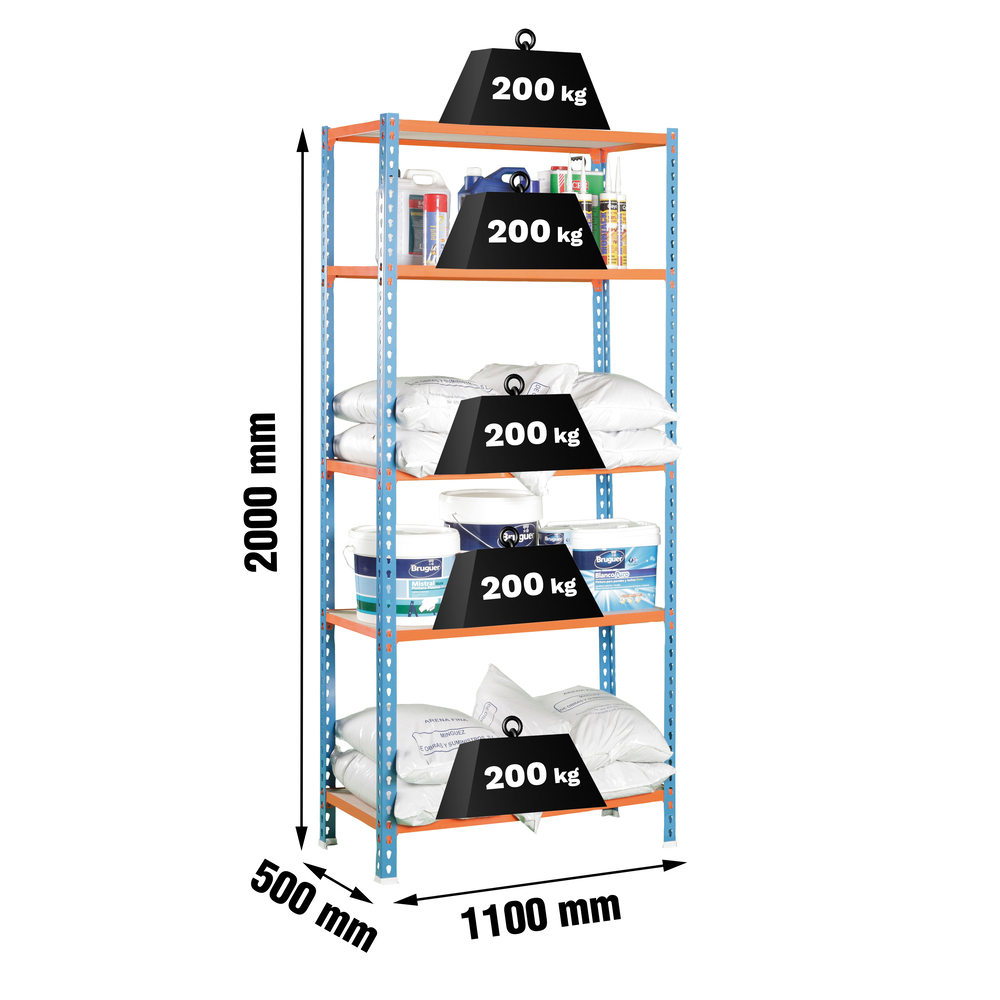 Rayonnage bois-métal léger sans vis 2000x1100x500 - 5 niveaux Bleu/Orange/Bois - SIMON RACK - 8435104937372