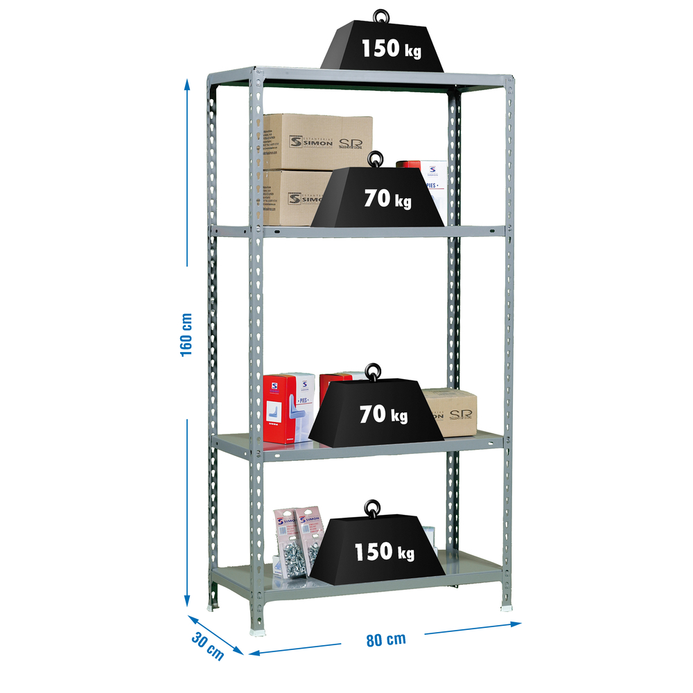 Étagère en kit charge légère sans vis 1600x800x300 - 4 niveaux Gris - SIMON RACK - 8435104937402