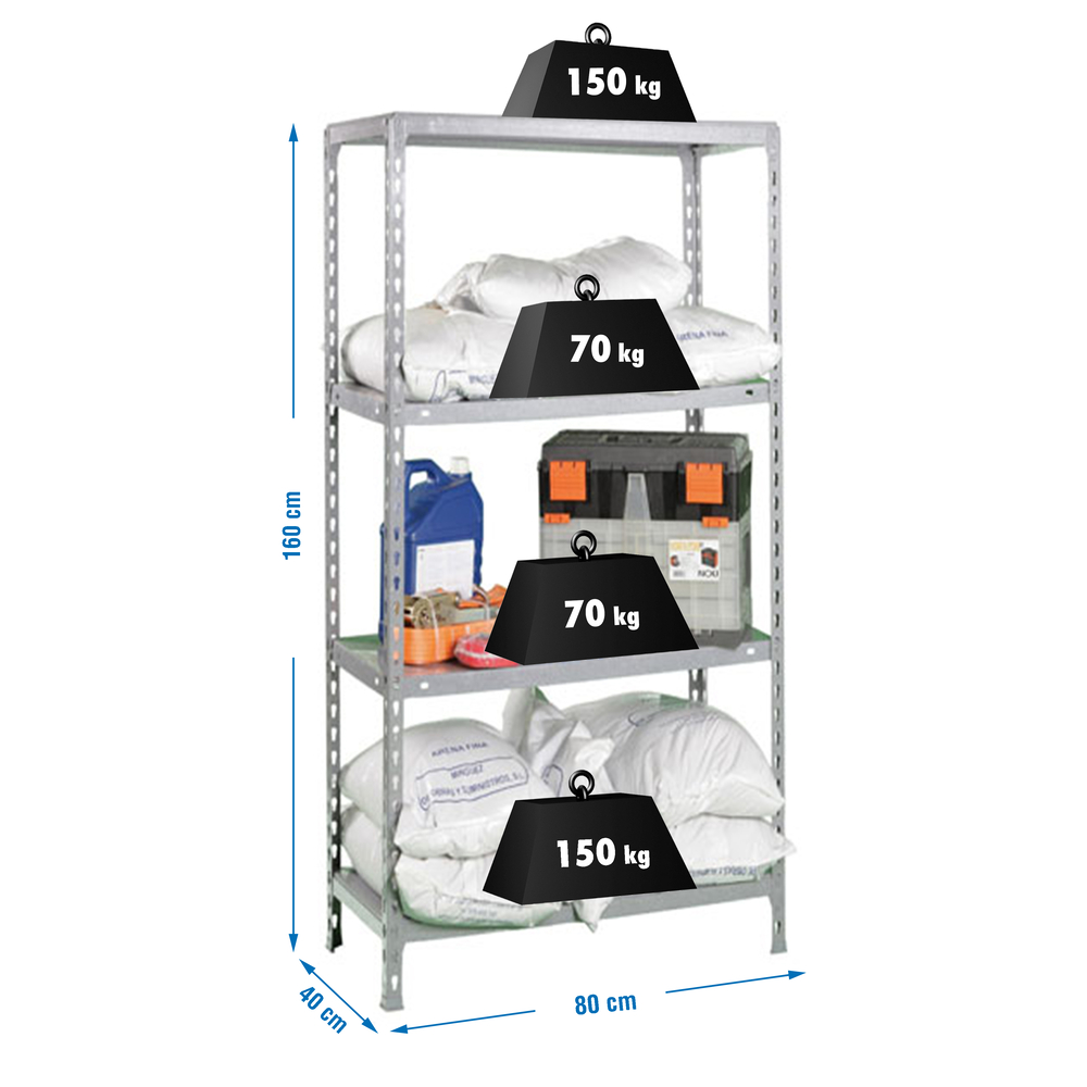 Étagère en kit charge légère sans vis 1600x800x400 - 4 niveaux Galvanisé - SIMON RACK - 8435104937440