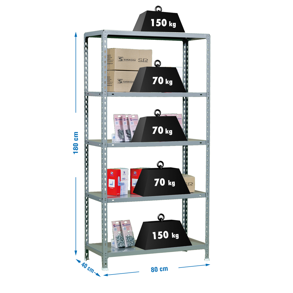 Étagère en kit charge légère sans vis 1800x800x400 - 5 niveaux Gris - SIMON RACK - 8435104937495