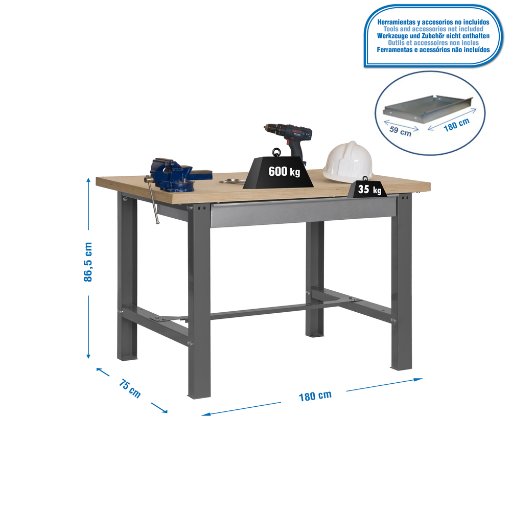 Kit établi Bricolage - 865x1800x750 - 1 niveau Gris/Bois - SIMON RACK - 8435104938102