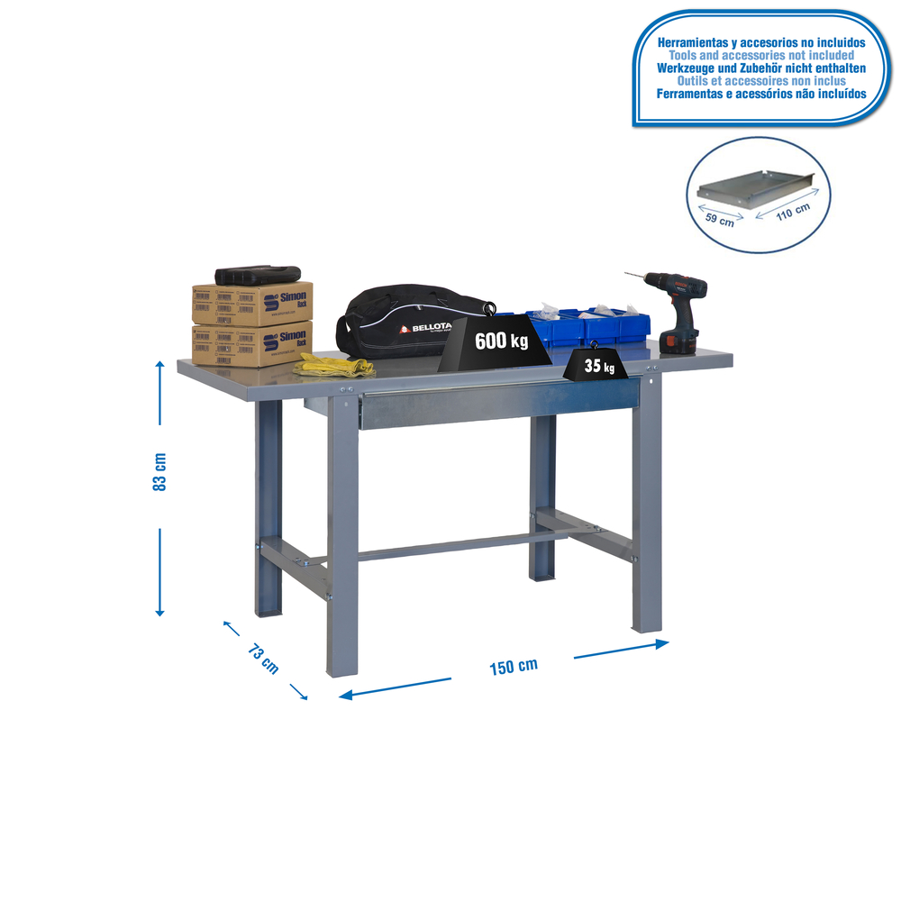 Kit établi Bricolage - 830x1500x730 - 1 niveau Gris - SIMON RACK - 8435104938485