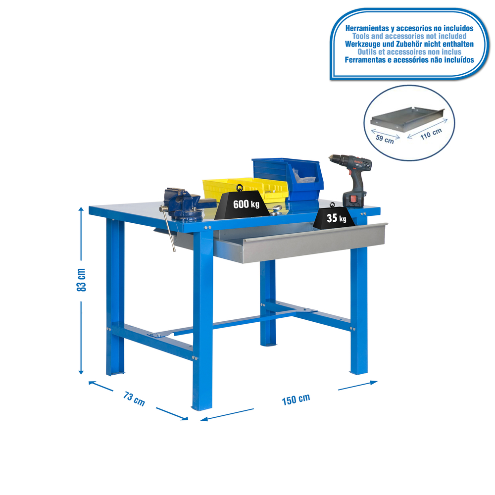 Kit établi mobile Bricolage - 830x1500x730 - 1 niveau Bleu - SIMON RACK - 8435104938508