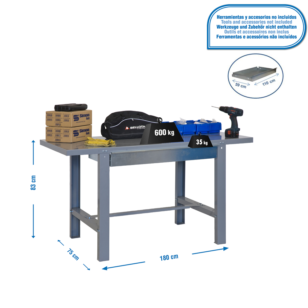 Kit établi mobile Bricolage - 830x1800x730 - 1 niveau Gris - SIMON RACK - 8435104938515
