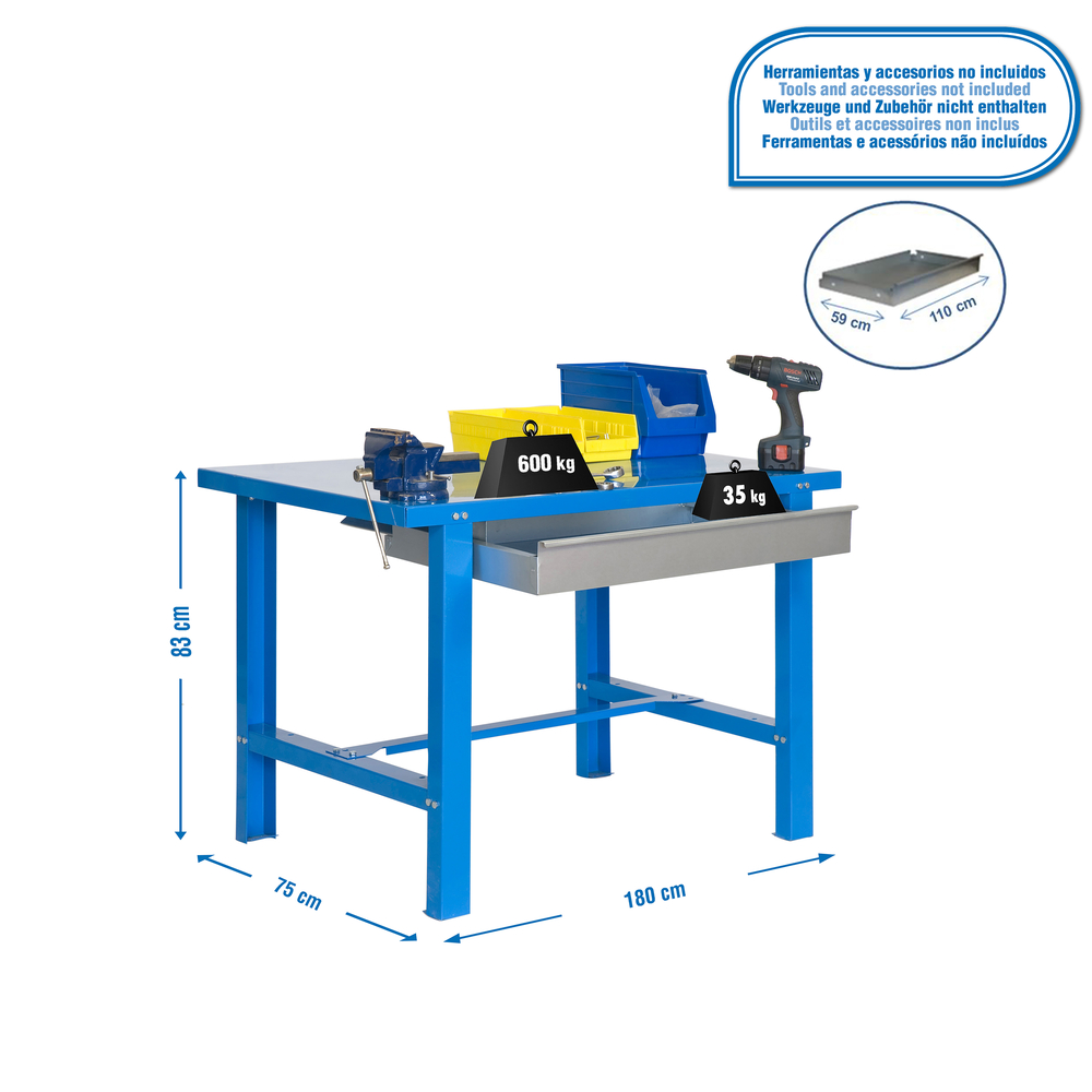 Kit établi mobile Bricolage - 830x1800x730 - 1 niveau Bleu - SIMON RACK - 8435104938539