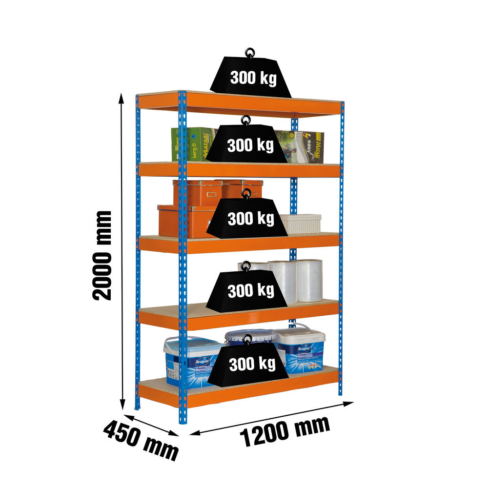 Étagère charge moyenne 300 kg 2000x1200x450 - 5 niveaux Bleu/Orange/Bois - SIMON RACK - 8435104938584