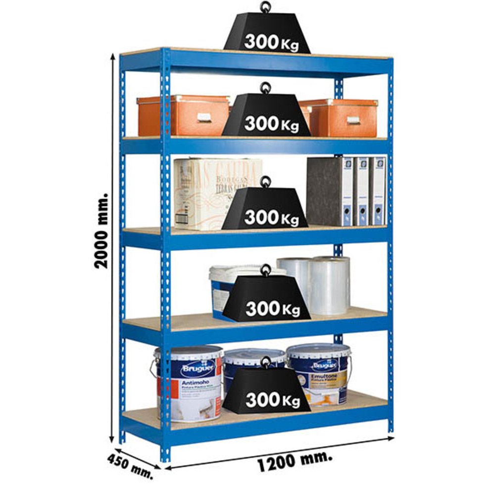 Étagère charge moyenne 300 kg 2000x1200x450 - 5 niveaux Bleu/Bois - SIMON RACK - 8435104938591