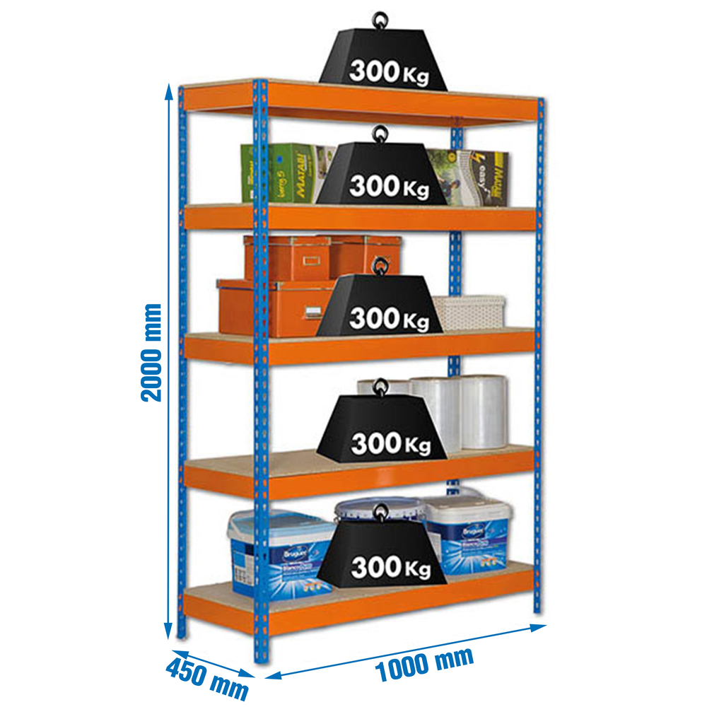 Étagère charge moyenne 300 kg 2000x1000x450 - 5 niveaux Bleu/Orange/Bois - SIMON RACK - 8435104938614