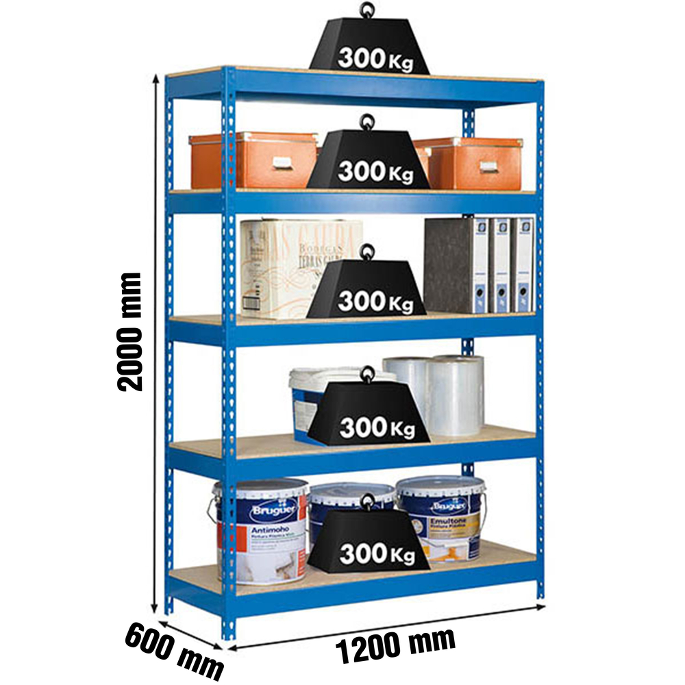 Étagère charge moyenne 300 kg 2000x1200x600 - 5 niveaux Bleu/Bois - SIMON RACK - 8435104938690
