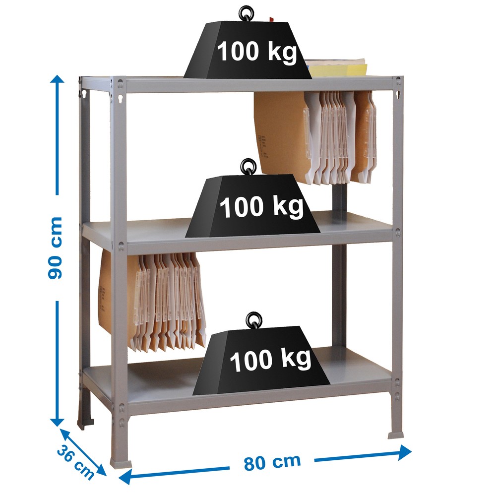 Rayonnage de bureau charge légère sans vis 900x800x360 - 3 niveaux Gris - SIMON RACK - 8435104939338