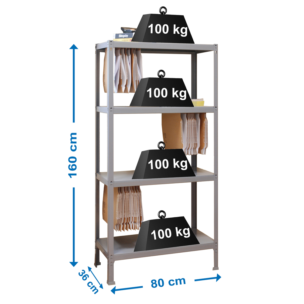 Rayonnage de bureau charge légère sans vis 1600x800x360 - 4 niveaux Gris - SIMON RACK - 8435104939352
