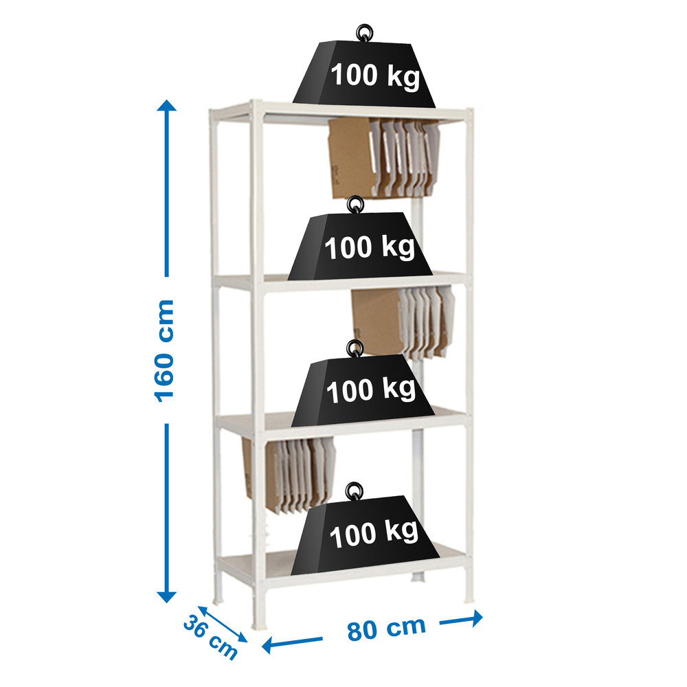 Rayonnage de bureau charge légère sans vis 1600x800x360 - 4 niveaux Blanc - SIMON RACK - 8435104939369
