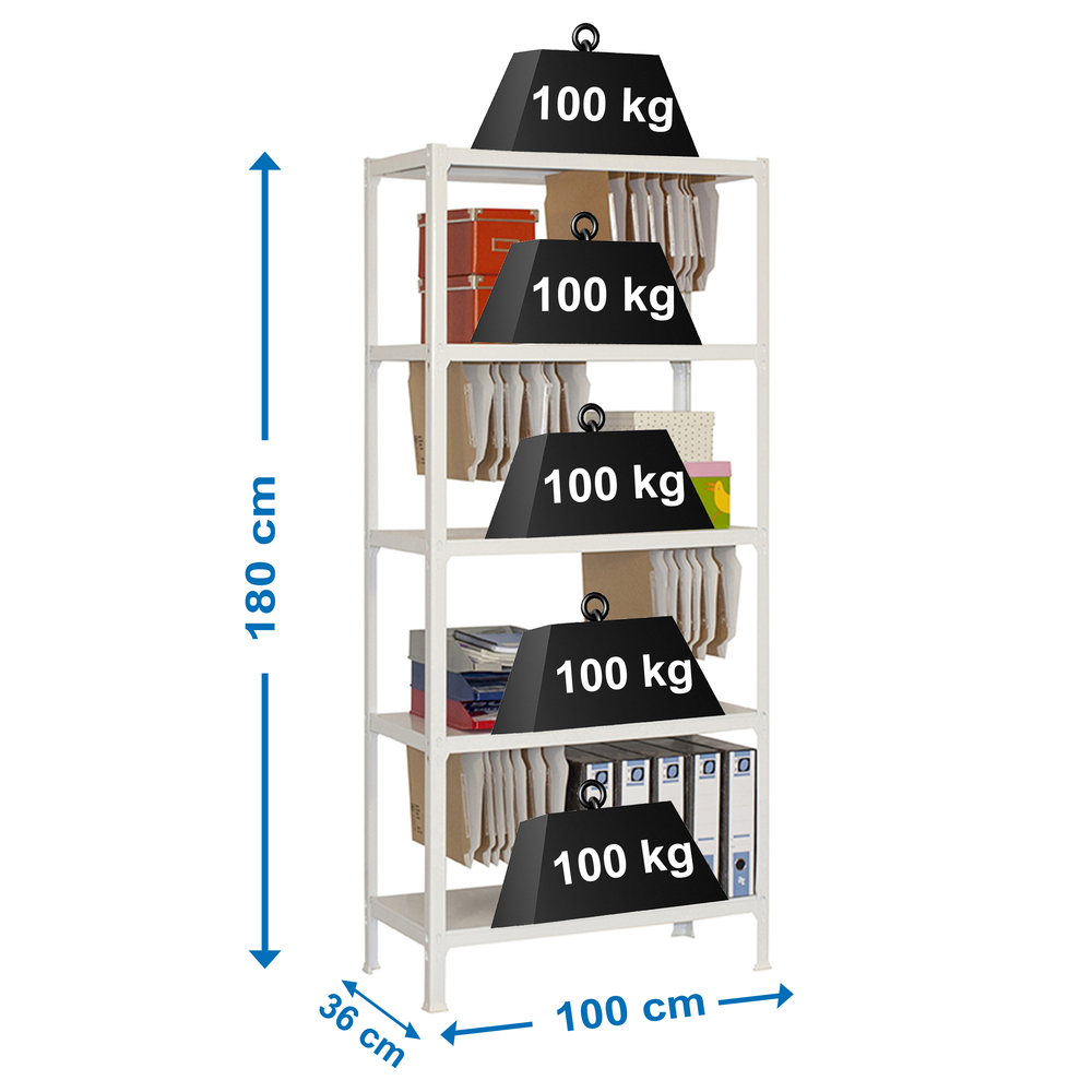 Rayonnage de bureau charge légère sans vis 1800x1000x360 - 5 niveaux Blanc - SIMON RACK - 8435104939444