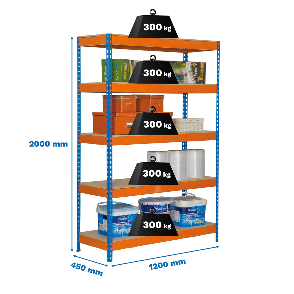 Étagère charge moyenne 300 kg 2000x1200x450 - 4 niveaux Bleu/Orange/Bois - SIMON RACK - 8435104942451