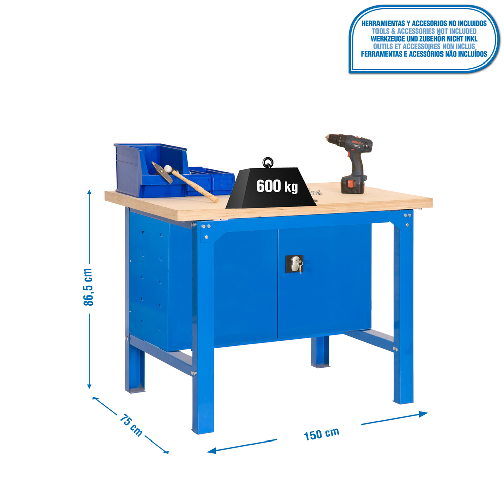 Kit établi mobile Bricolage - 865x1500x750 - 1 niveau Bleu/Bois - SIMON RACK - 8435104942611