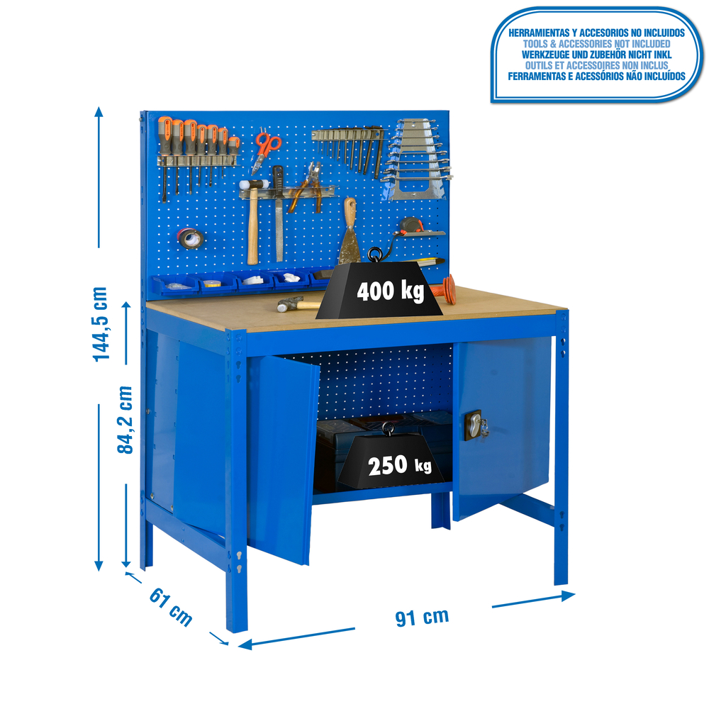 Kit établi Bricolage - 1445x910x610 - 1 niveau Bleu/Bois - SIMON RACK - 8435104942710