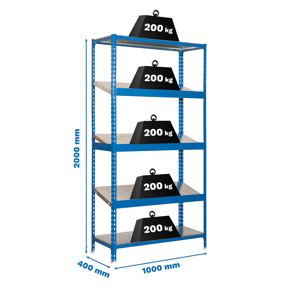 Étagère en kit charge légère sans vis 2000x1000x400 - 5 niveaux Bleu - SIMON RACK - 8435104944004