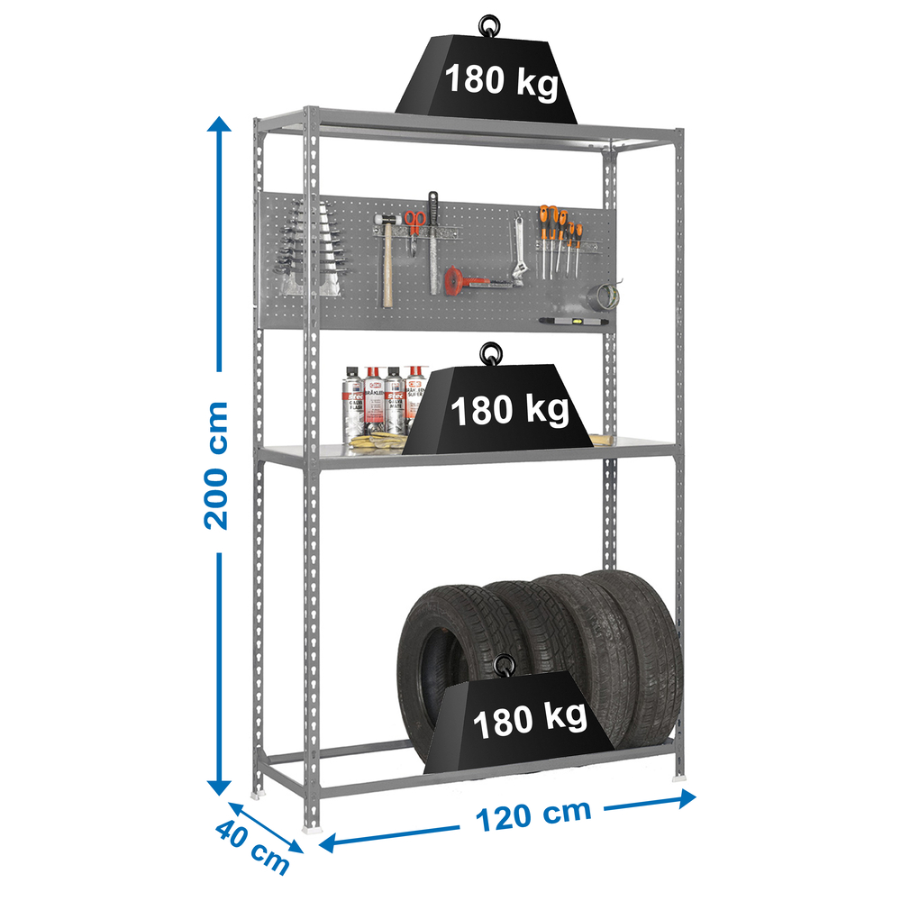 Rayonnage pour garage auto - 2000x1200x400 - 3 niveaux Gris - SIMON RACK - 8435104944110