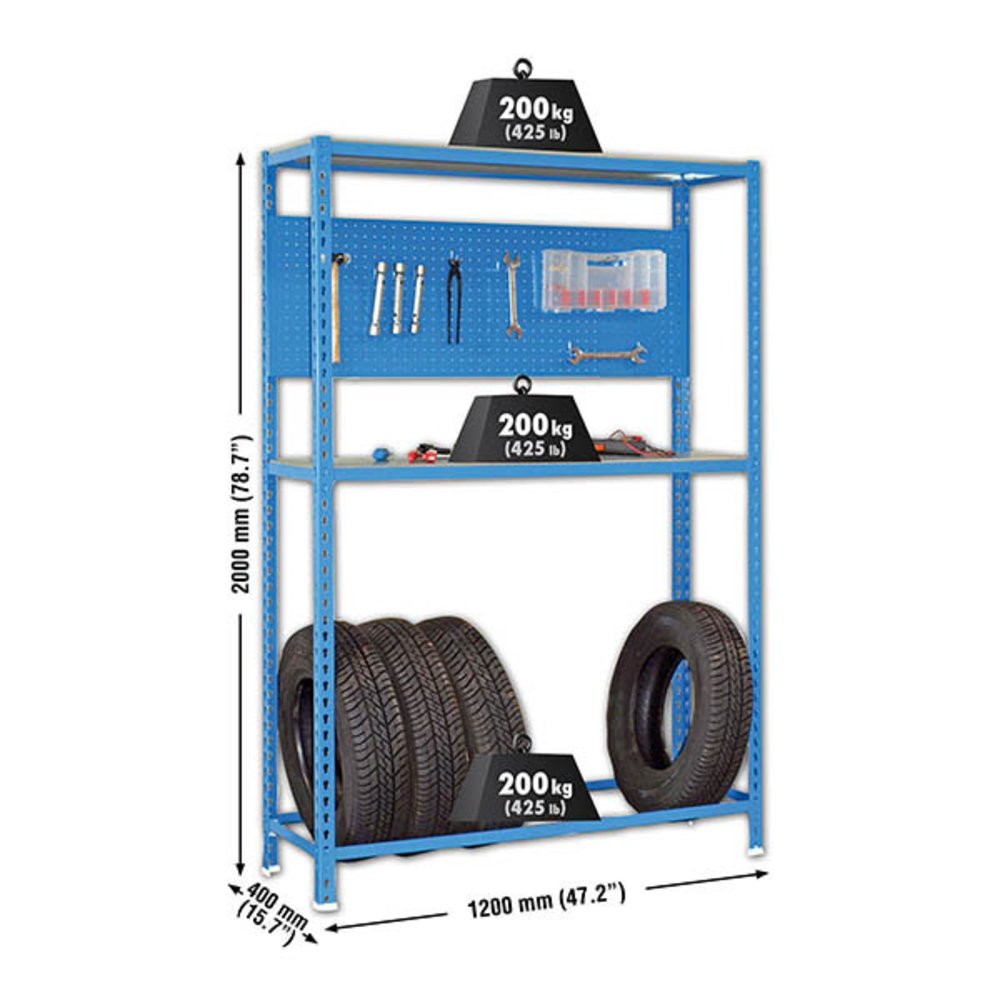 Rayonnage pour garage auto - 2000x1200x400 - 3 niveaux Bleu - SIMON RACK - 8435104944134