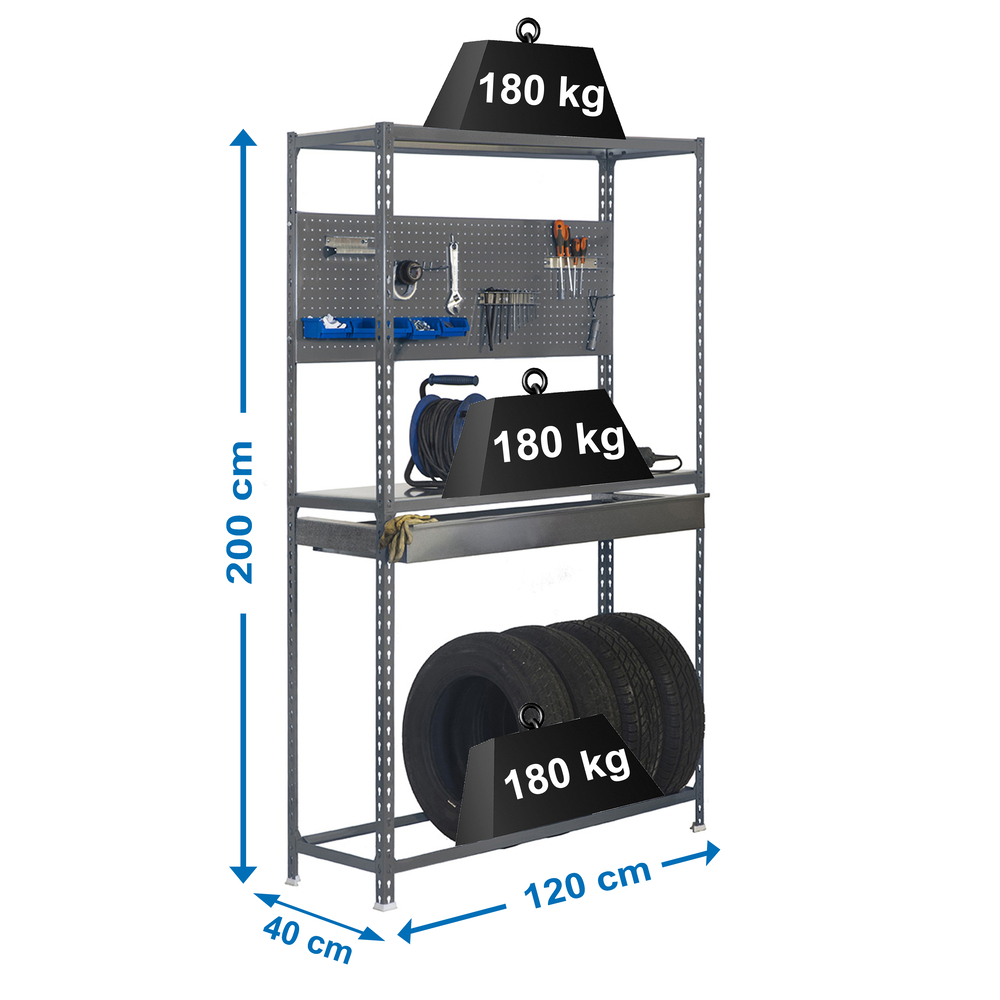 Rayonnage pour garage auto - 2000x1200x400 - 3 niveaux Gris - SIMON RACK - 8435104944172