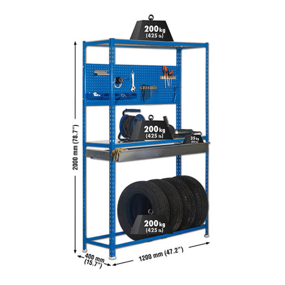 Rayonnage pour garage auto - 2000x1200x400 - 3 niveaux Bleu - SIMON RACK - 8435104944196