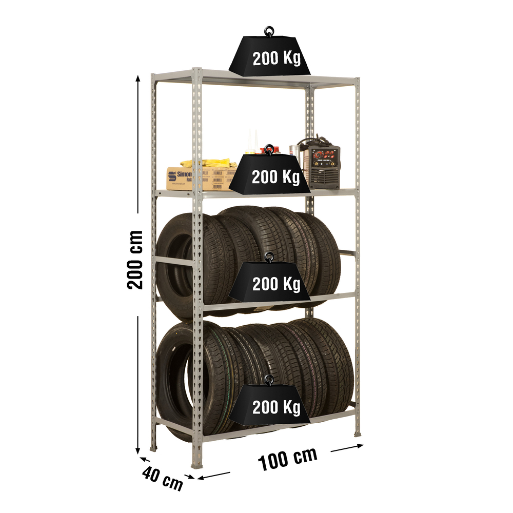 Rayonnage pour garage auto - 2000x1000x400 - 4 niveaux Gris - SIMON RACK - 8435104944202