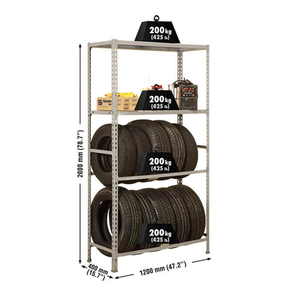 Rayonnage pour garage auto - 2000x1200x400 - 4 niveaux Gris - SIMON RACK - 8435104944233