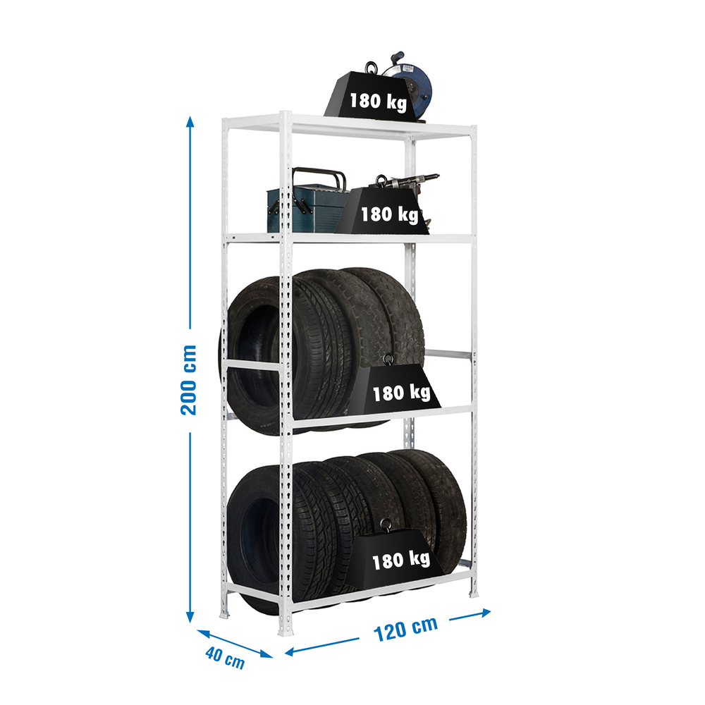 Rayonnage pour garage auto - 2000x1200x400 - 4 niveaux Blanc - SIMON RACK - 8435104944240