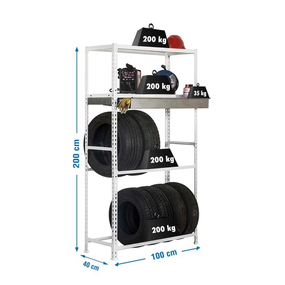 Rayonnage pour garage auto - 2000x1000x400 - 4 niveaux Blanc - SIMON RACK - 8435104944271