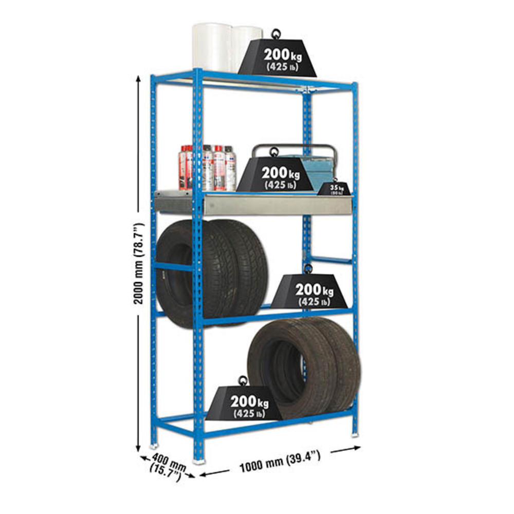 Rayonnage pour garage auto - 2000x1000x400 - 4 niveaux Bleu - SIMON RACK - 8435104944288