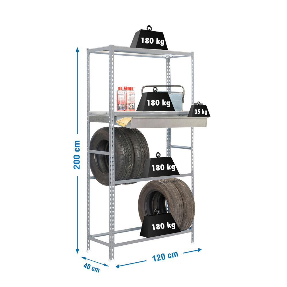 Rayonnage pour garage auto - 2000x1200x400 - 4 niveaux Gris - SIMON RACK - 8435104944295