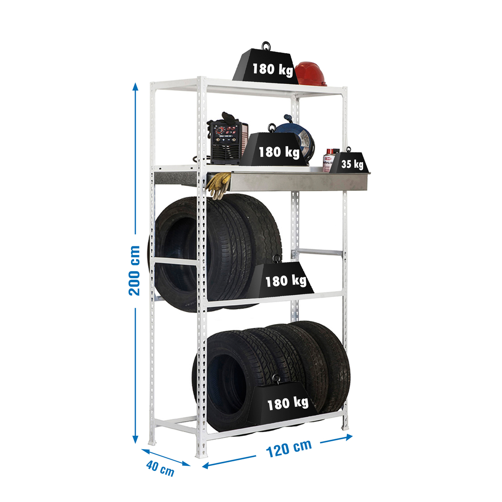 Rayonnage pour garage auto - 2000x1200x400 - 4 niveaux Blanc - SIMON RACK - 8435104944301