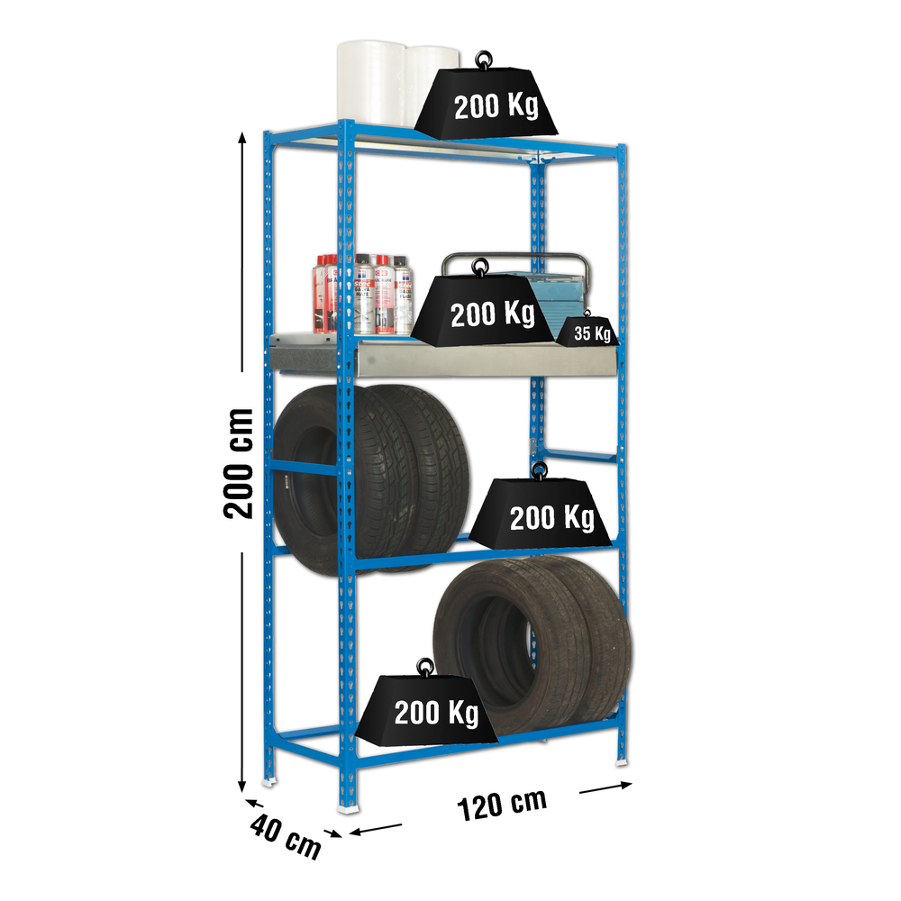 Rayonnage pour garage auto - 2000x1200x400 - 4 niveaux Bleu - SIMON RACK - 8435104944318