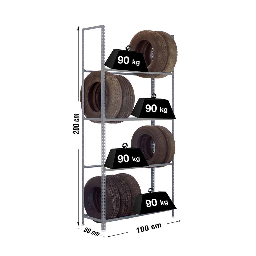 Rayonnage pour garage auto - 2000x1000x300 - 4 niveaux Gris - SIMON RACK - 8435104944585