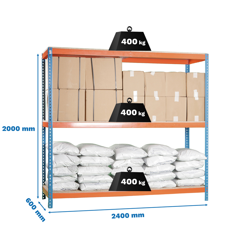 Étagère charge moyenne 500 à 600kg - 2000x2400x600 - 3 niveaux Bleu/Orange/Bois - SIMON RACK - 8435104945940