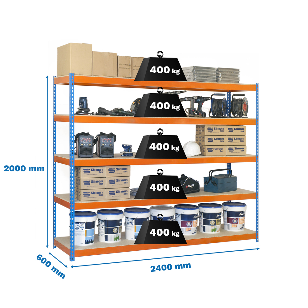 Étagère charge moyenne 500 à 600kg - 2000x2400x600 - 5 niveaux Bleu/Orange/Bois - SIMON RACK - 8435104945964