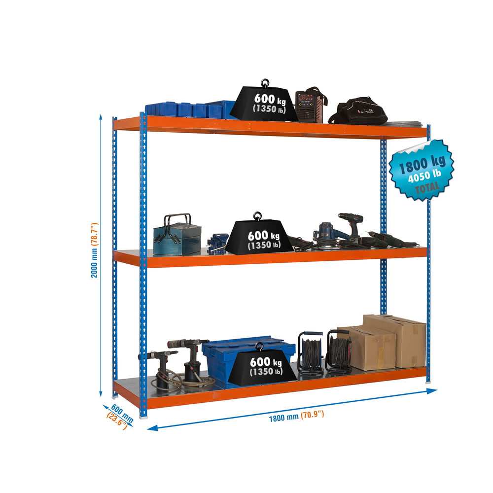 Étagère charge moyenne 500 à 600kg - 2000x1800x600 - 3 niveaux Bleu/Orange - SIMON RACK - 8435104946008