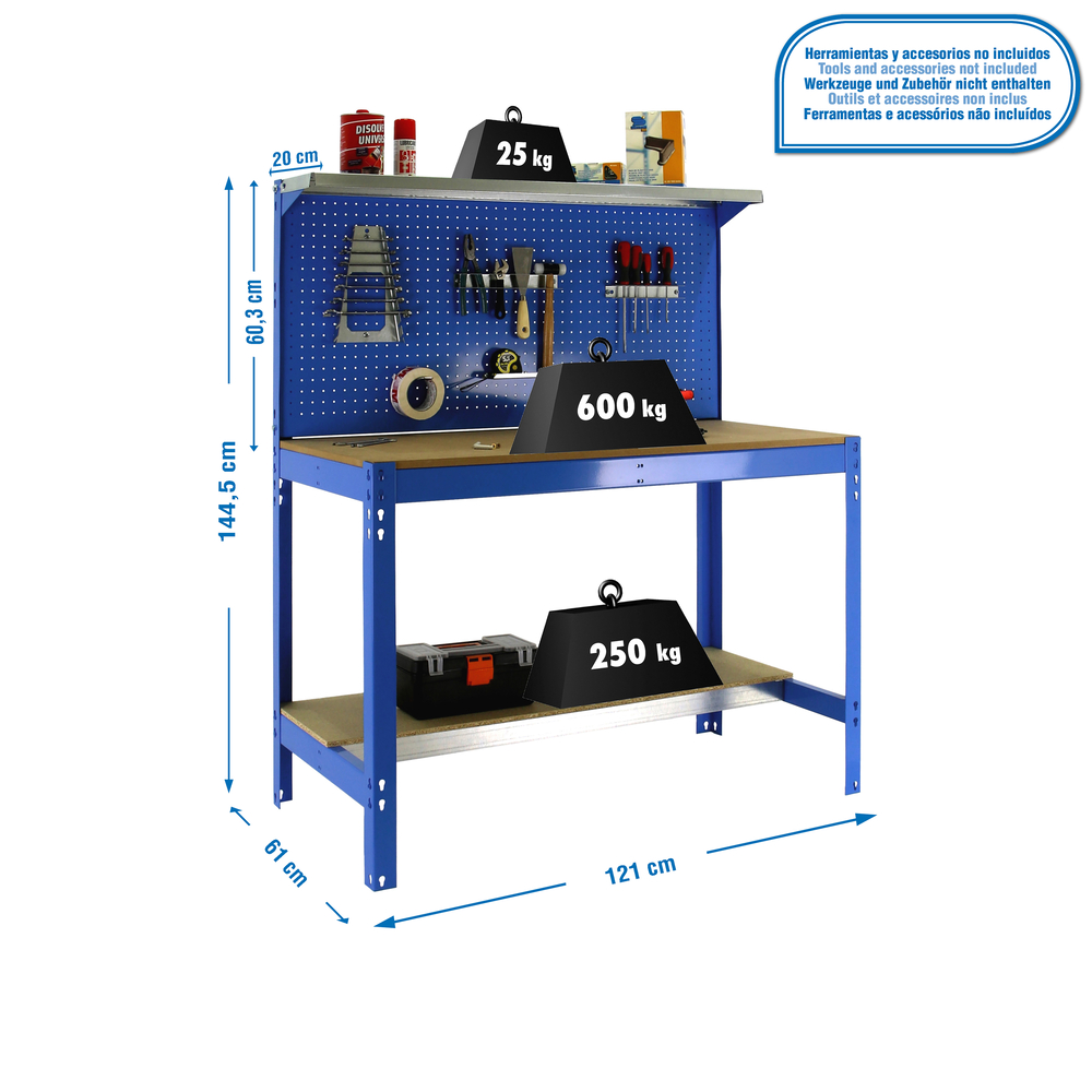 Kit établi Bricolage - 1445x1210x610 - 3 niveaux Bleu/Bois - SIMON RACK - 8435104946855