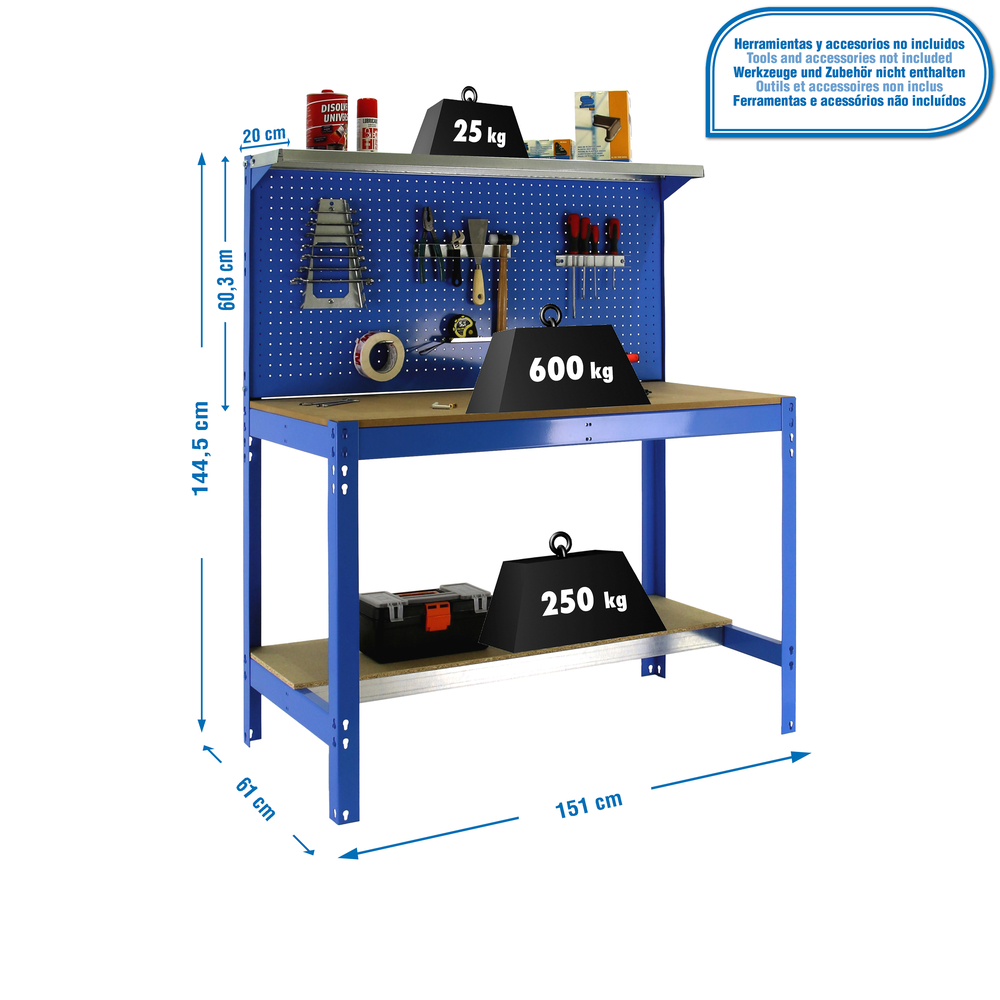 Kit établi Bricolage - 1445x1510x610 - 3 niveaux Bleu/Bois - SIMON RACK - 8435104946886