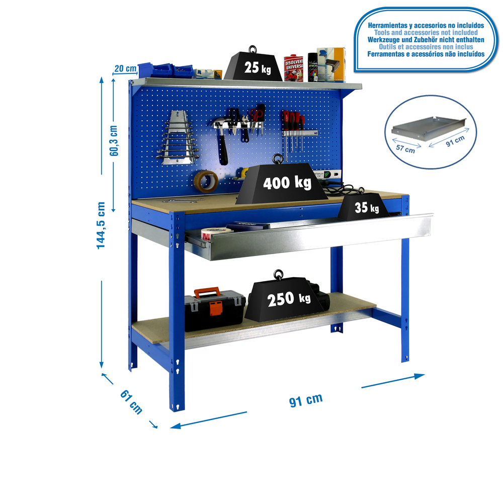 Kit établi Bricolage - 1445x910x610 - 3 niveaux Bleu/Bois - SIMON RACK - 8435104946916