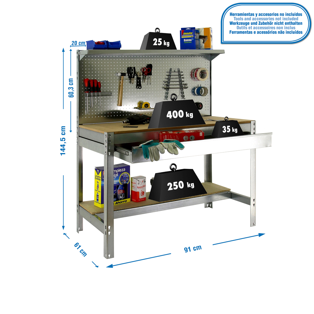 Kit établi Bricolage - 1445x910x610 - 3 niveaux Bois - SIMON RACK - 8435104946923