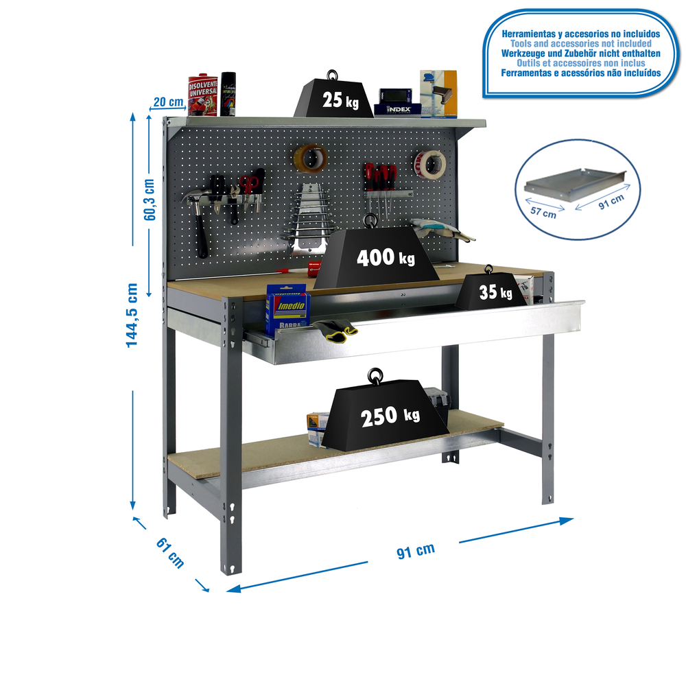 Kit établi Bricolage - 1445x910x610 - 3 niveaux Gris/Bois - SIMON RACK - 8435104946930