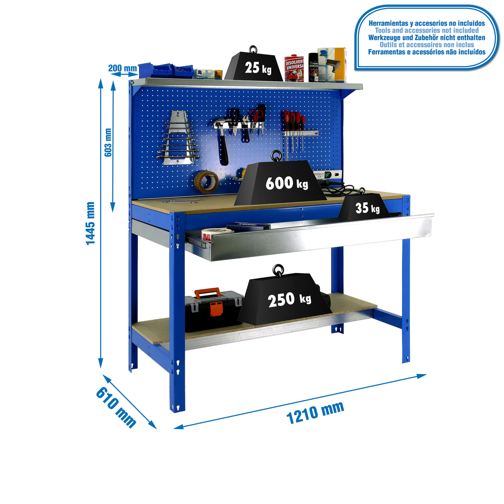 Kit établi Bricolage - 1445x1210x610 - 3 niveaux Bleu/Bois - SIMON RACK - 8435104946947