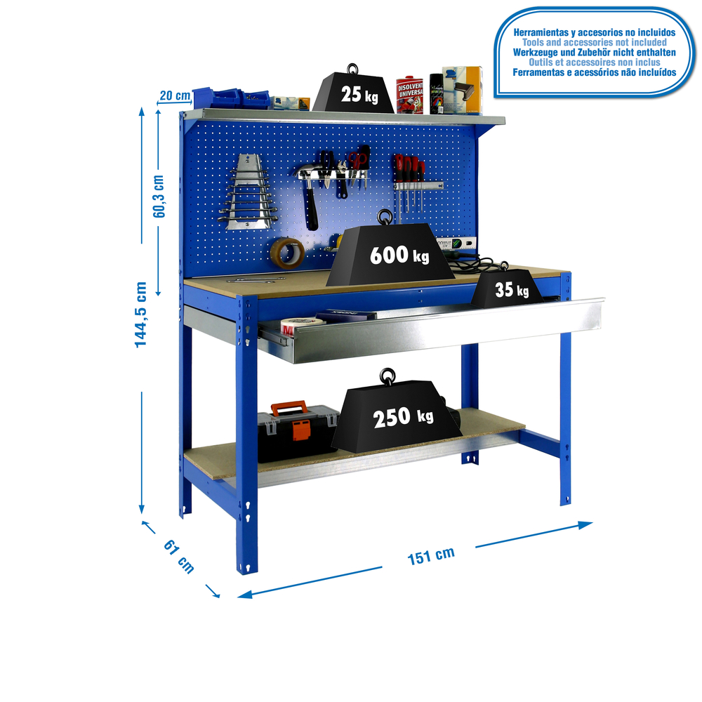 Kit établi Bricolage - 1445x1510x610 - 3 niveaux Bleu/Bois - SIMON RACK - 8435104946978