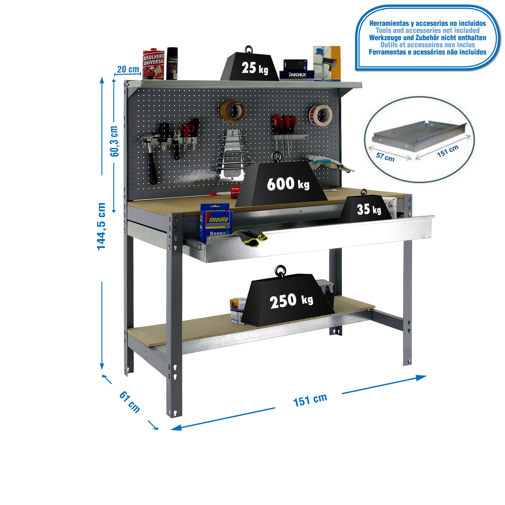 Kit établi Bricolage - 1445x1510x610 - 3 niveaux Gris/Bois - SIMON RACK - 8435104946992