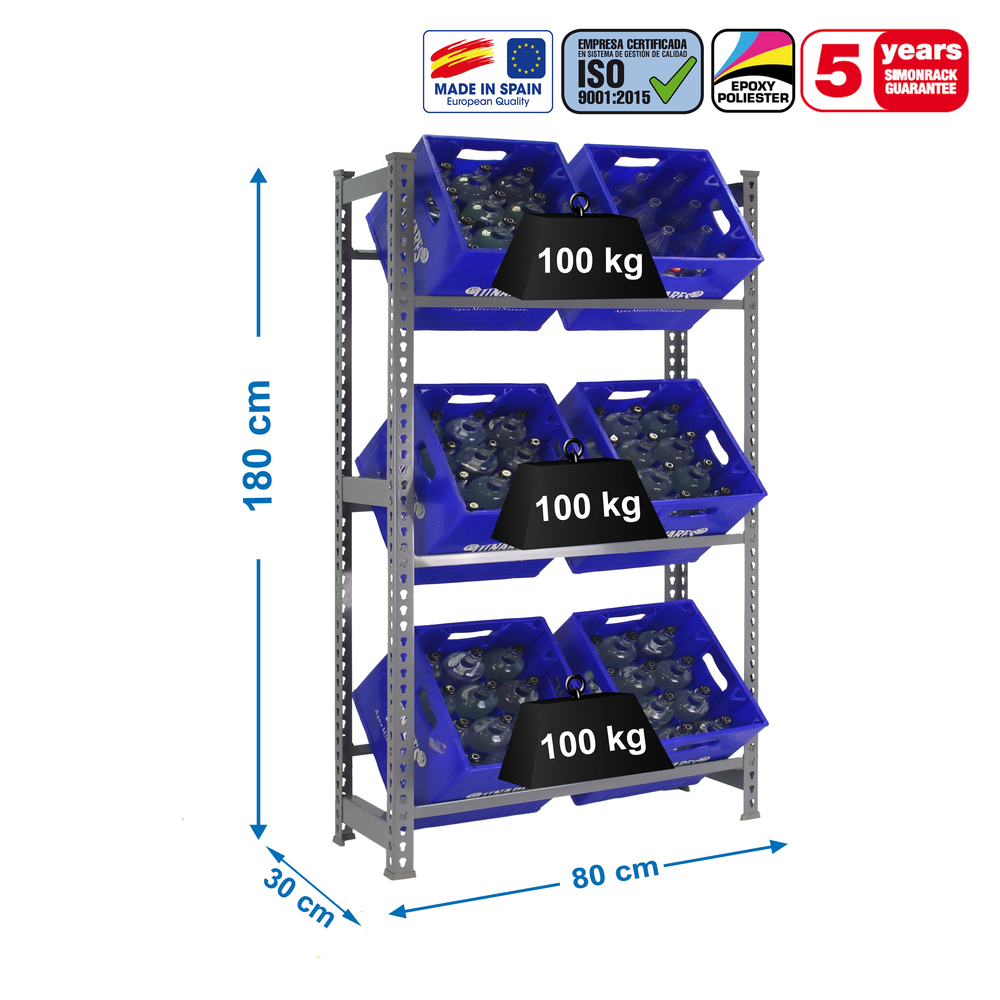 Rayonnage léger tri de bouteille sans vis 1800x800x300 - 3 niveaux Gris - SIMON RACK - 8435104947142