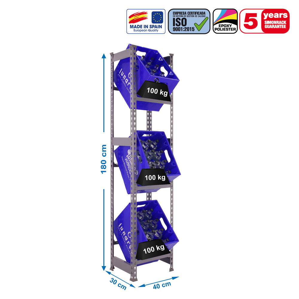 Rayonnage léger tri de bouteille sans vis 1800x400x300 - 3 niveaux Gris - SIMON RACK - 8435104947159