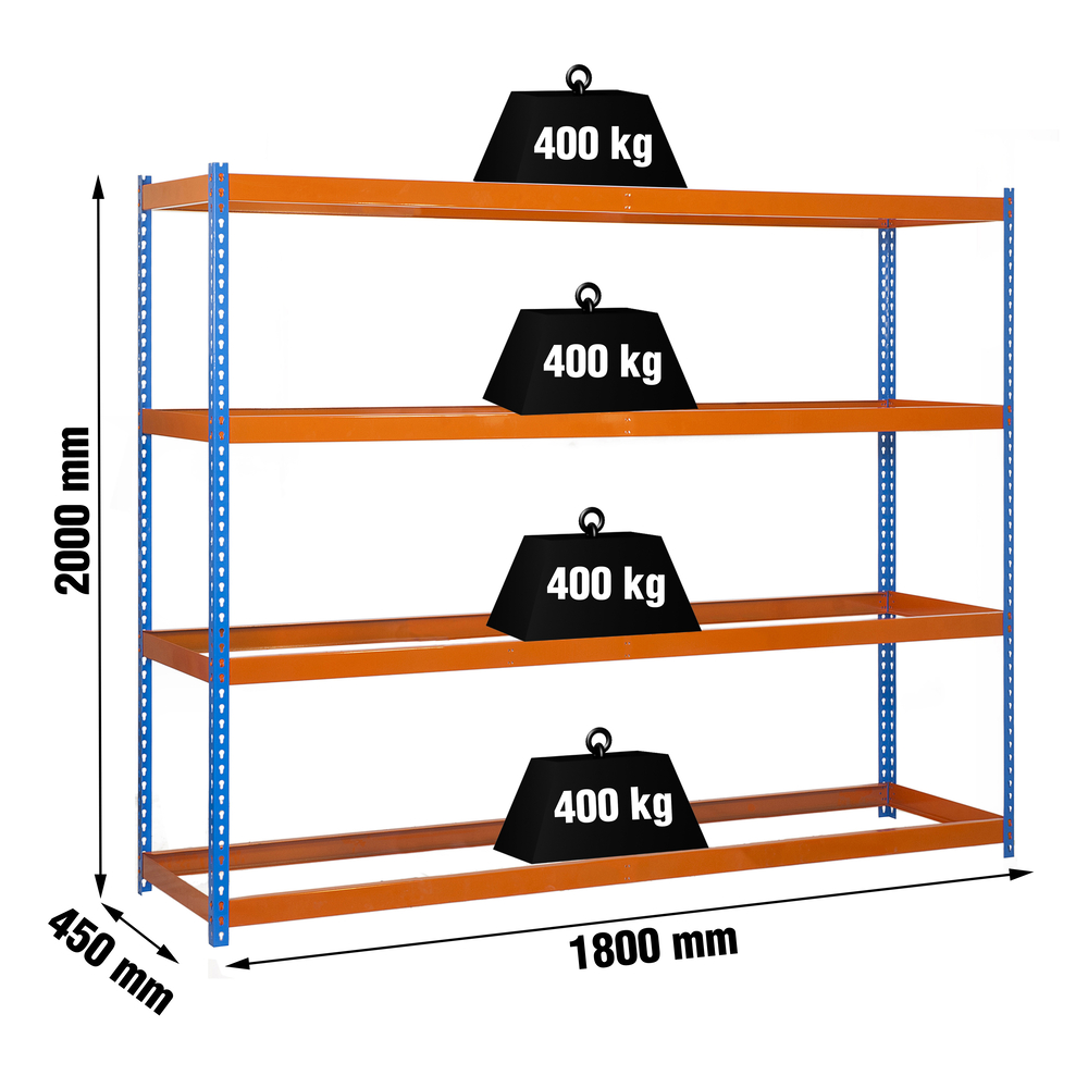 Étagère charge moyenne 400kg - 2000x1800x450 - 4 niveaux Bleu/Orange - SIMON RACK - 8435104949689