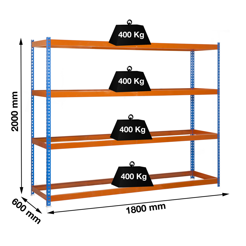 Étagère charge moyenne 400kg - 2000x1800x600 - 4 niveaux Bleu/Orange - SIMON RACK - 8435104949696